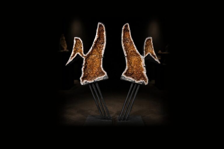 A matched pair of citrine angel wings on black steel stands