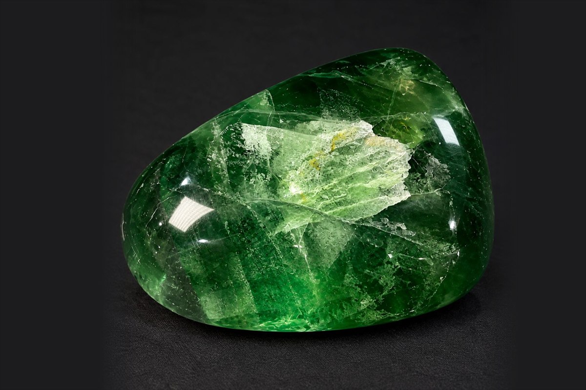 A polished translucent green crystal freeform on a black background