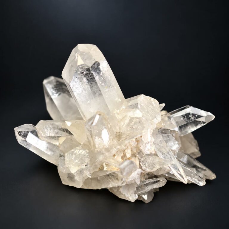 A display grade clear quartz cluster with large transparent terminated points