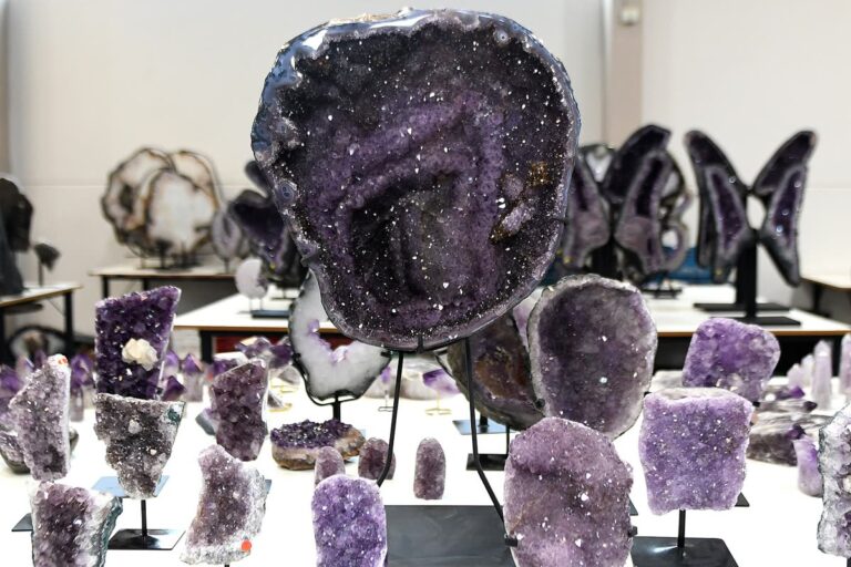 The CS Minerals showroom in Soledade, Brazil, with tables of amethyst geodes