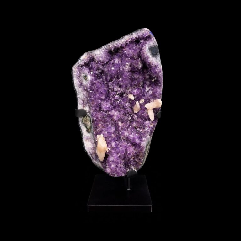 Amethyst geode slab with peach calcite crystals, mounted on a black metal stand