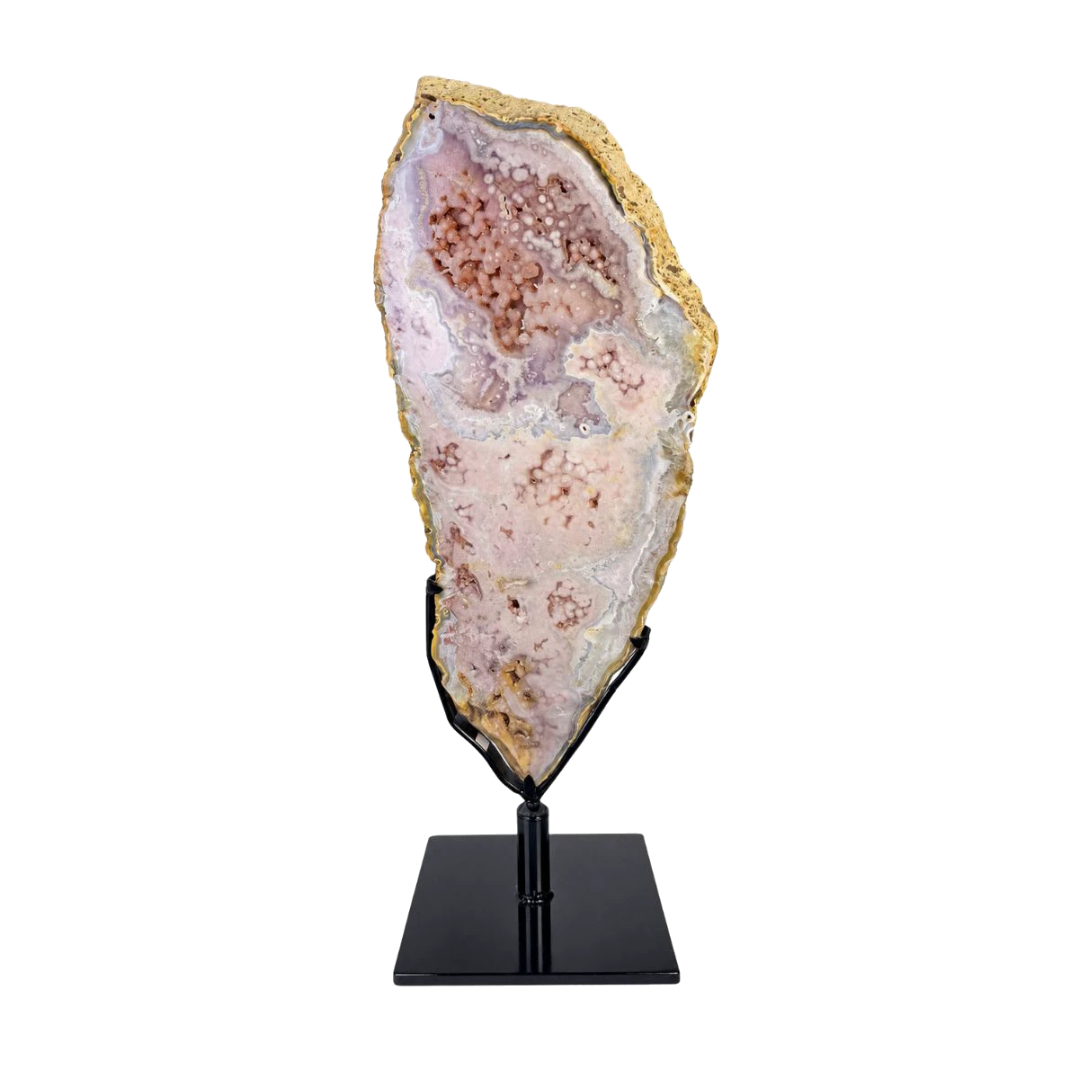 Pink amethyst slab mounted on a black metal stand